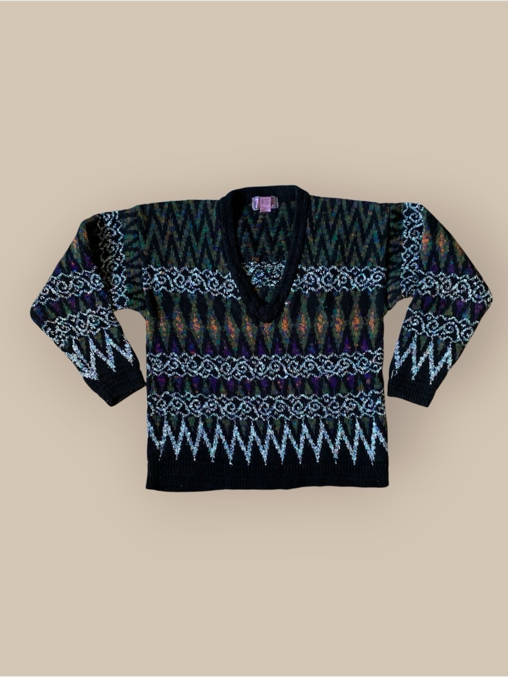 Black Multicolor Geometric V-Neck Sweater